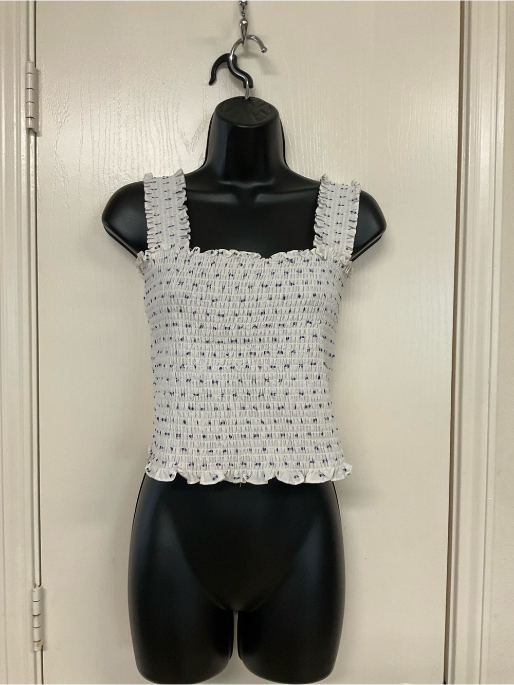 Gianni Bini White Smocked Cami with Navy Fleck